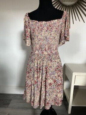 🧡3/15 ANGIE Floral Smocked Mini Dress Puff Sleeves S